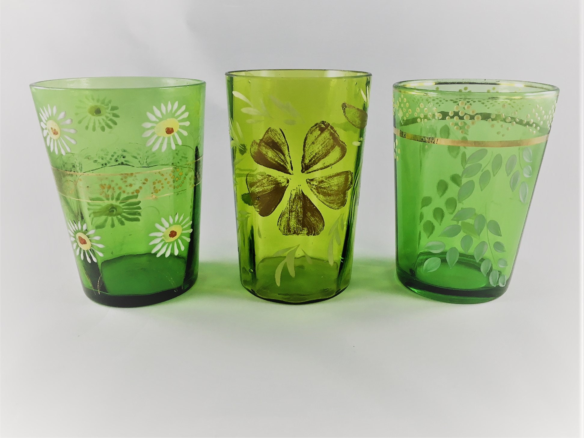 Collection of 3 Vintage Green Tumblers Painted Flowers Variety Pack