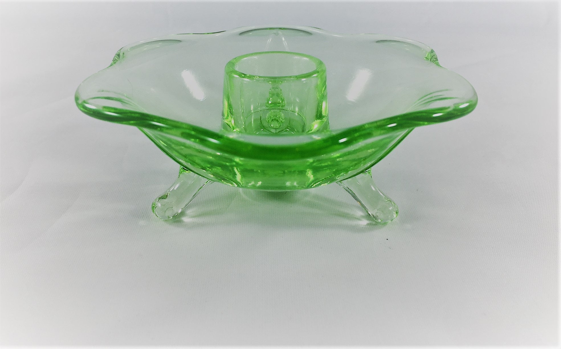 Collection of 9 Vintage Candle Holders Green Depression Glass