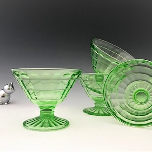 Hocking Glass Block Optic Pattern - Set of 4 Uranium Glass Sherbets - Green Depression Glass - Glowing Glass - 1929-33