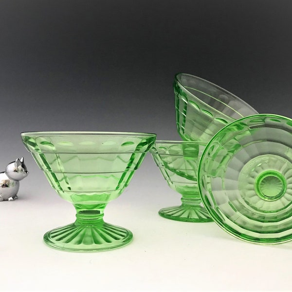 Hocking Glass Block Optic Pattern - Set of 4 Uranium Glass Sherbets - Green Depression Glass - Glowing Glass - 1929-33