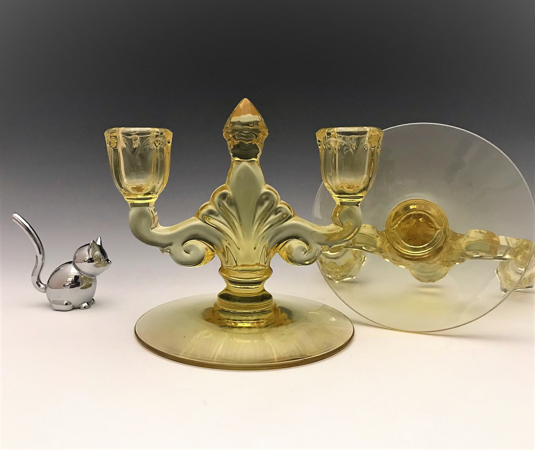 Heisey Trident No. 134 TwoLight Candlesticks Sahara Yellow Set of