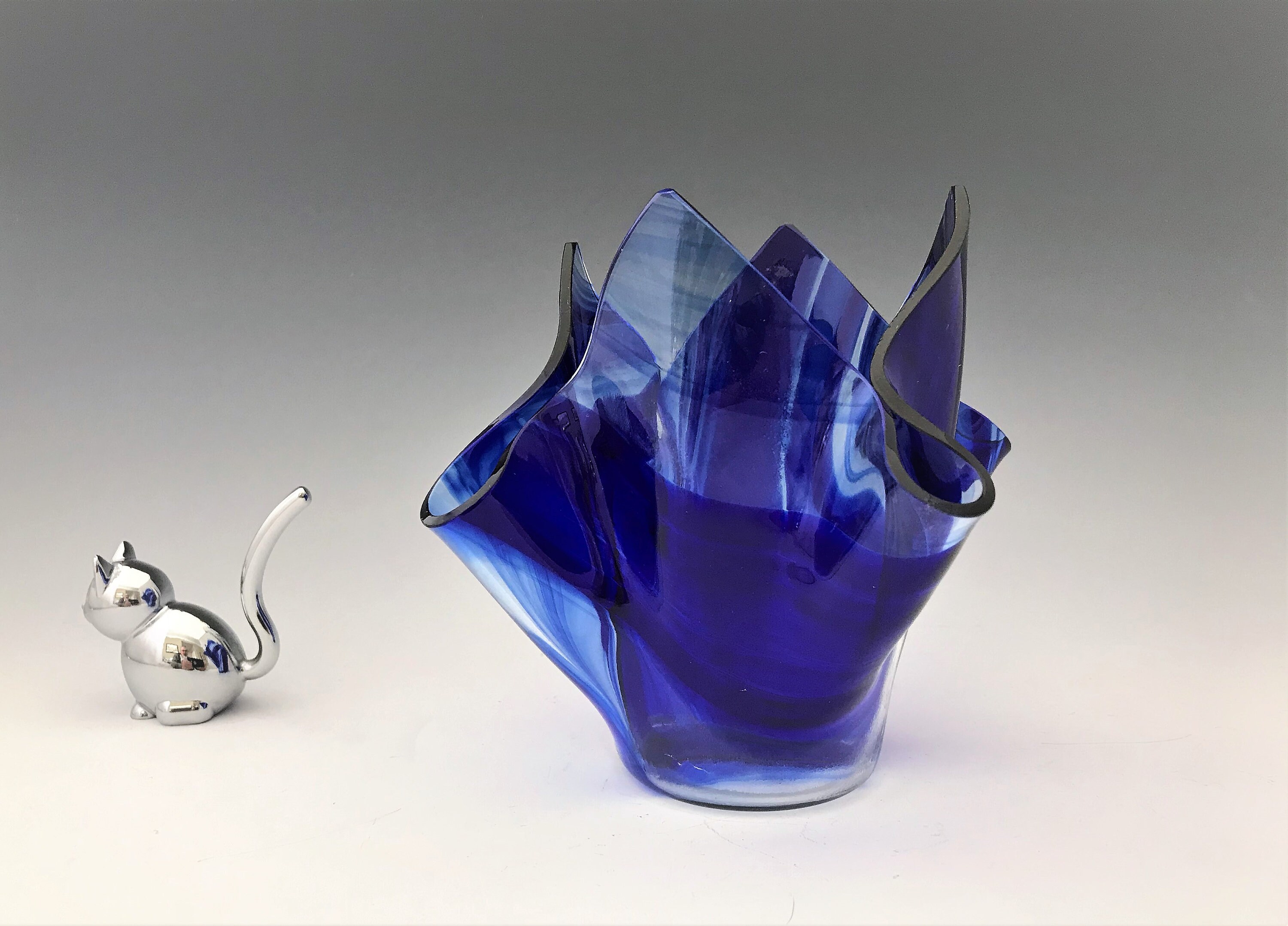 Tony Serviente Blue Art Glass Handkerchief Vase Signed