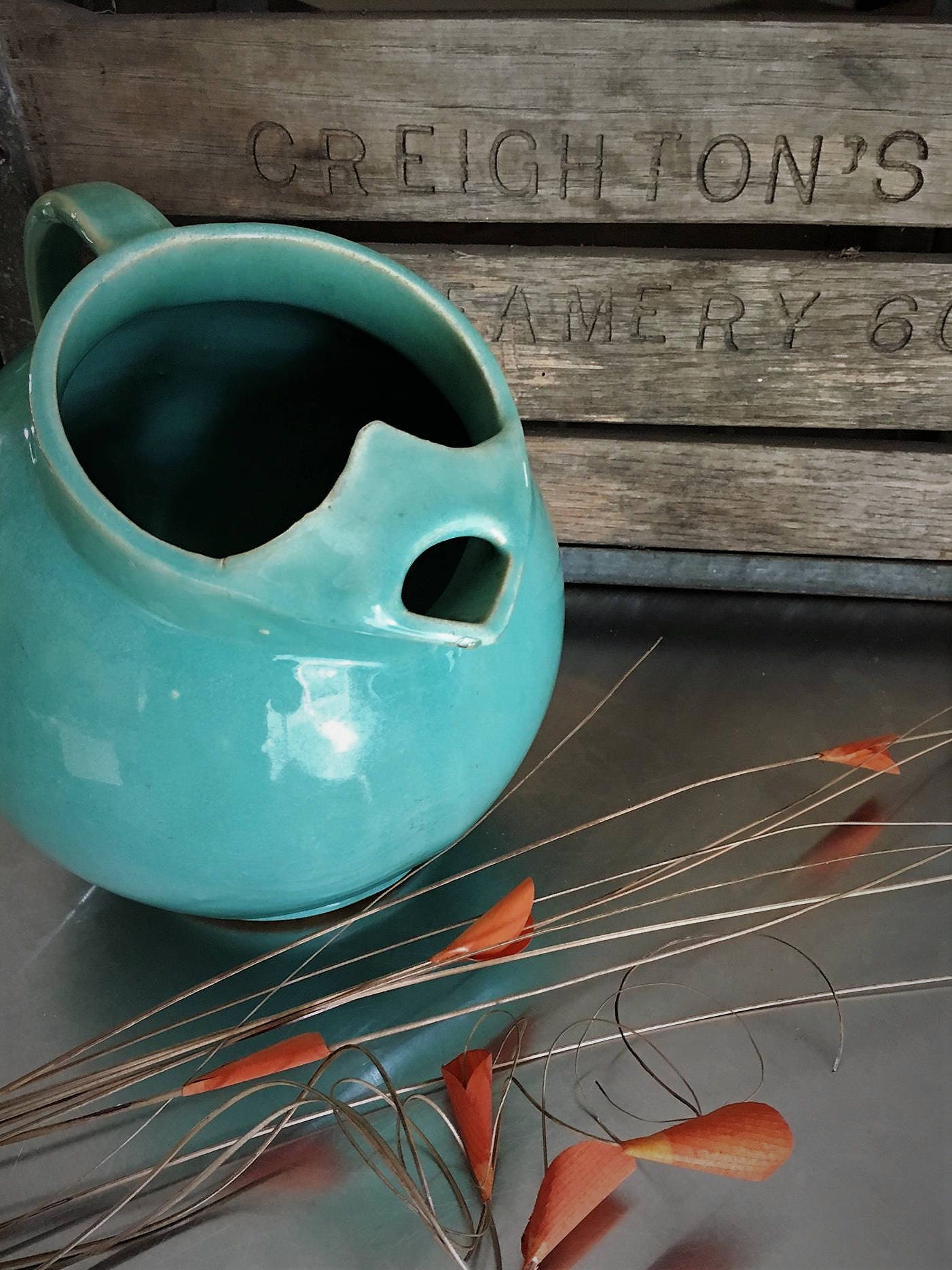 Vintage Green Ceramic Ball Jug Pitcher With Ice Lip