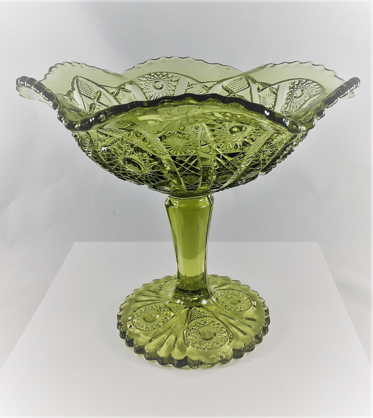 Vintage Green Glass Compote Imperial Glass Company Daisy and Button