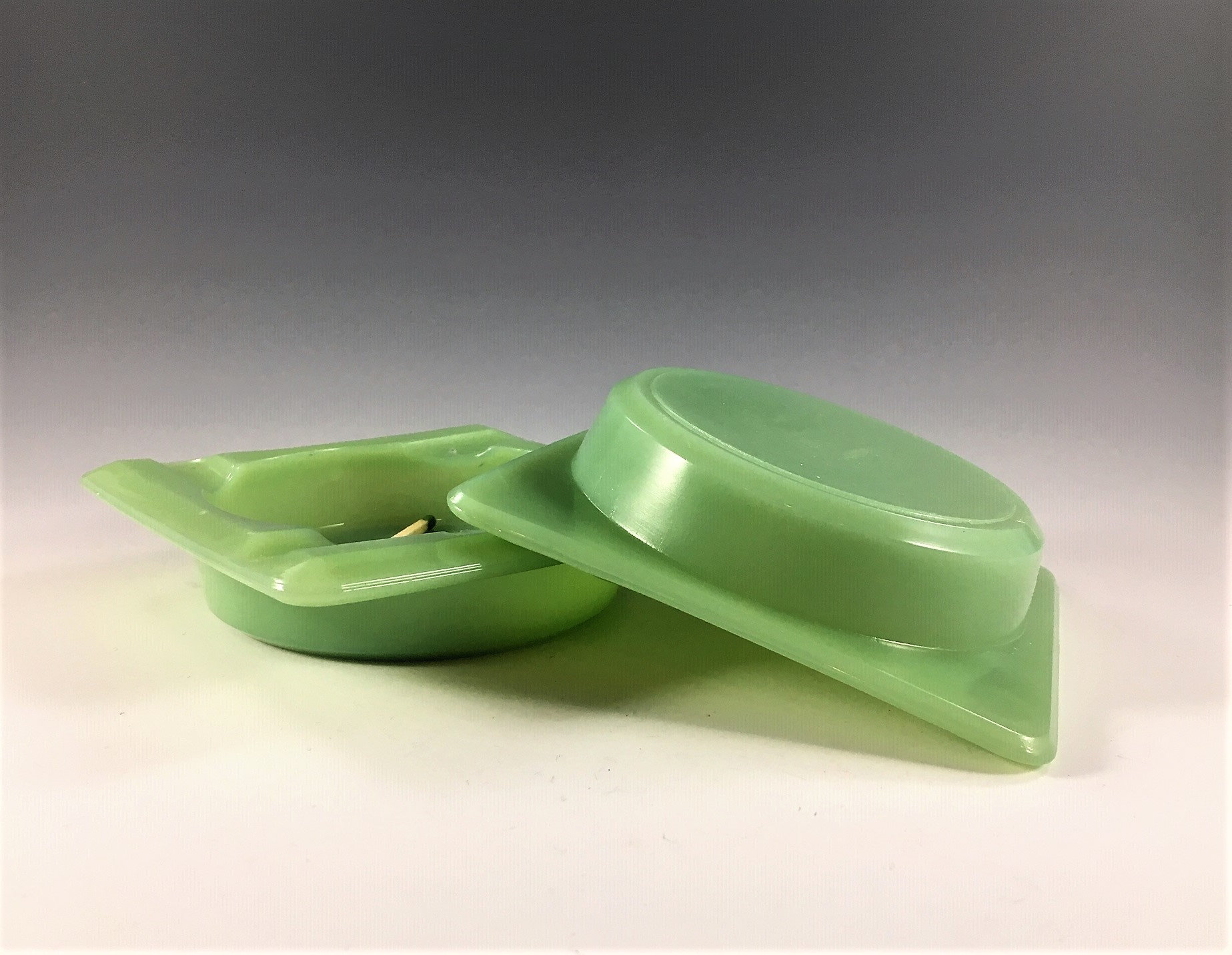 Set of 2 Jadeite Ashtrays Vintage Green Glass Ashtrays Square Ashtrays