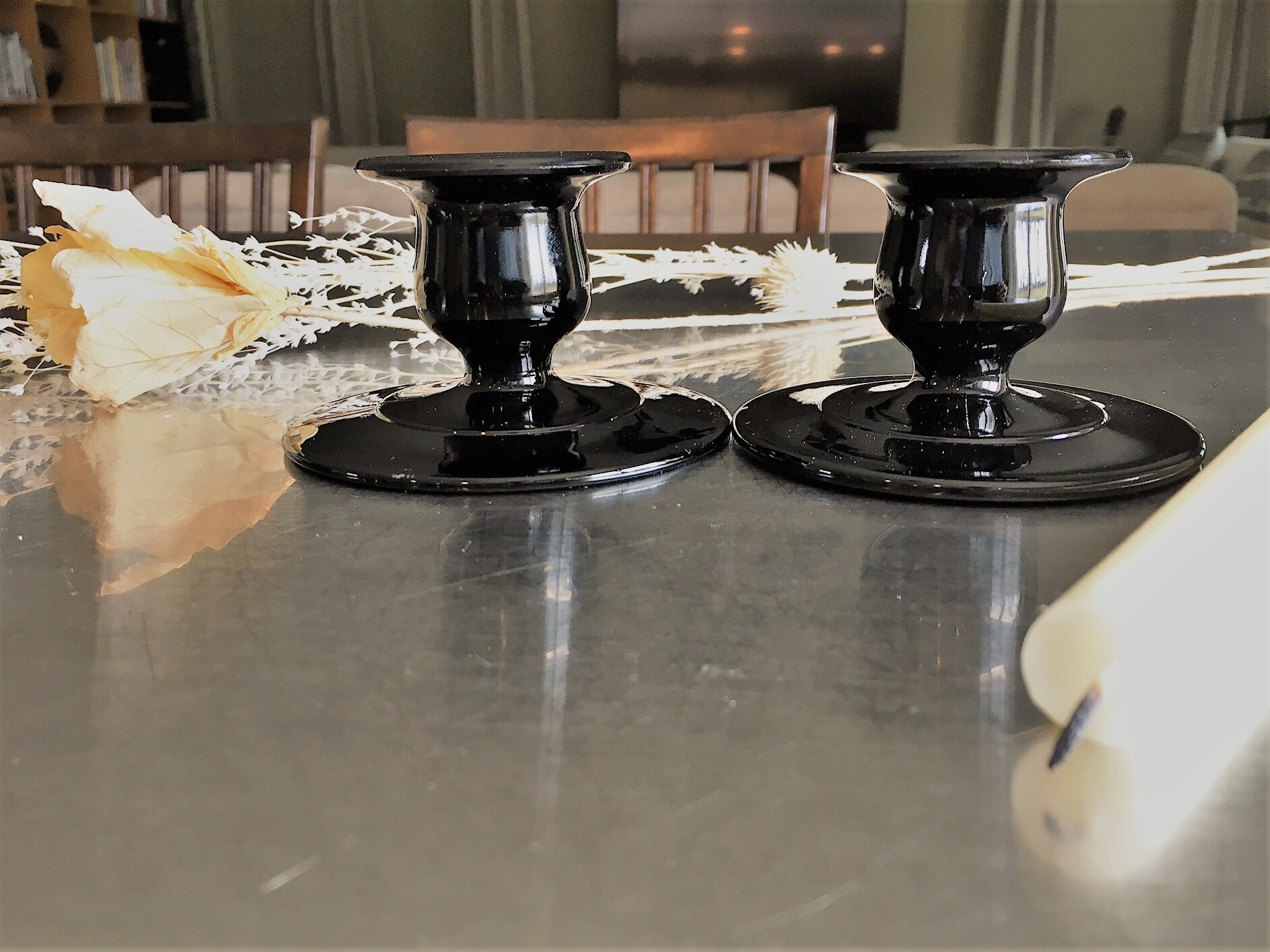 Two Black Amethyst Glass Candle Holders Vintage Black Glass