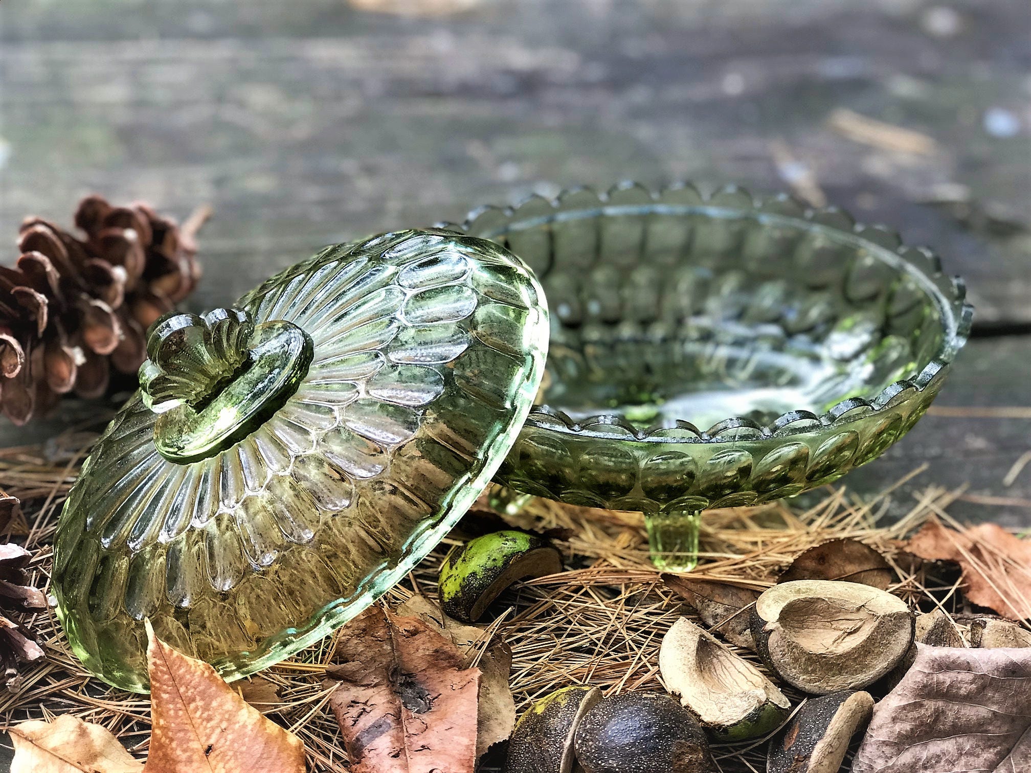 Vintage Green Depression Indiana Glass Covered Candy or Serving Dish