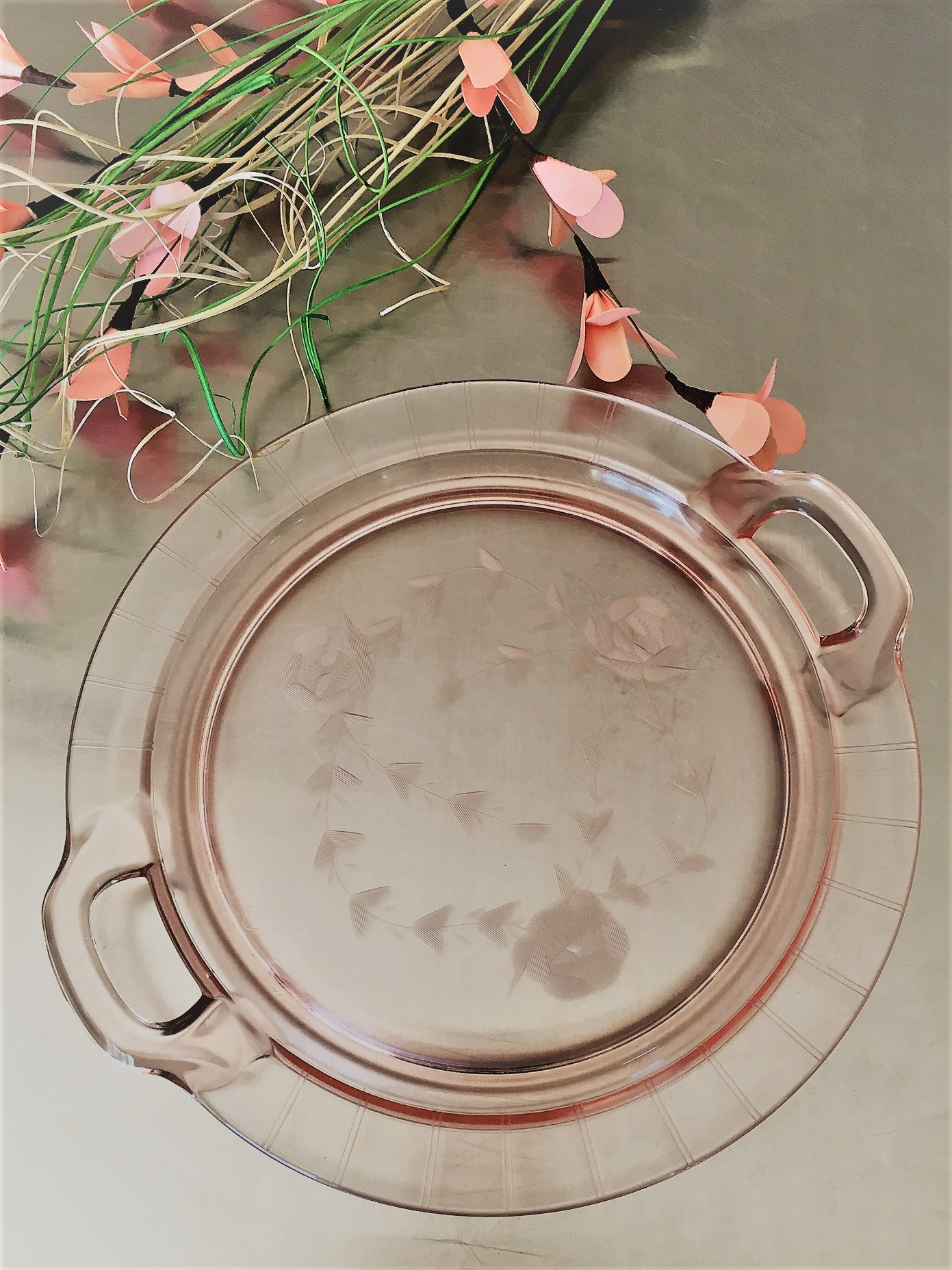 Pink Glass Platter Pink Depression Glass Serving Plate With Floral Etching And Two Handles Trays Platters Platters Advancedrealty Com