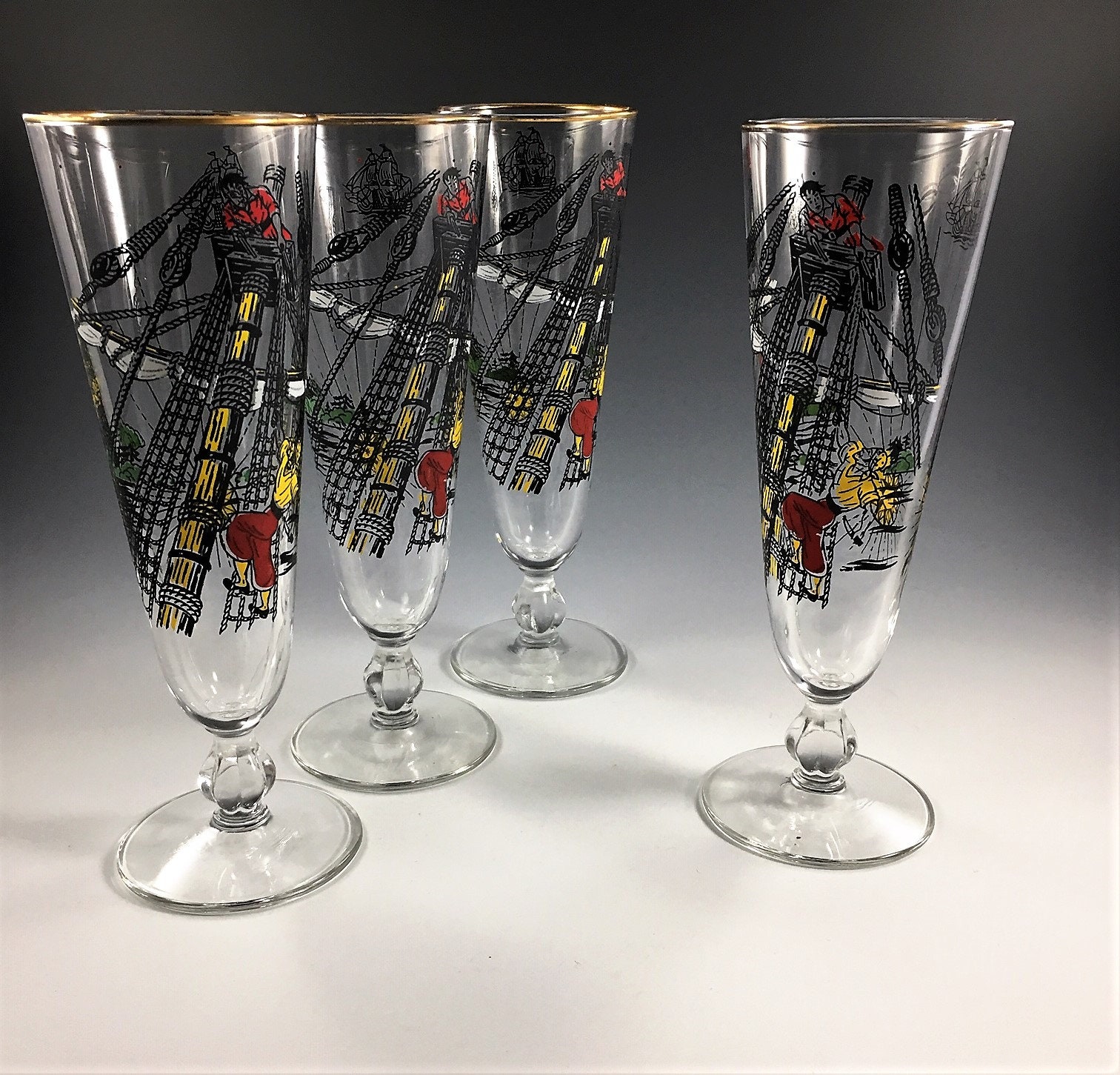 Set of 6 Vintage Libbey Treasure Island Pilsner Glasses Mid Century