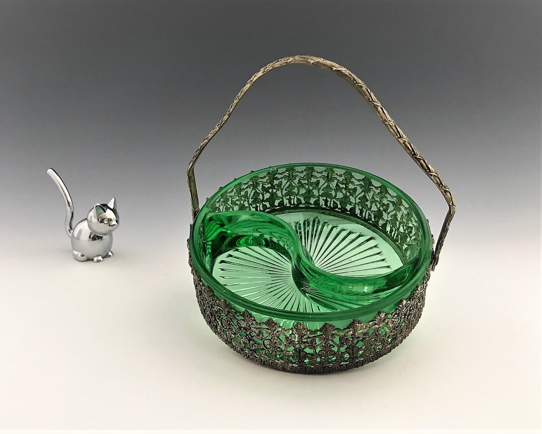 Uranium Glass Nut or Candy Dish Divided Relish Dish Handled Relish Dish Silver Plated