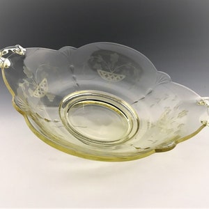 Paden City Crows Foot Square (#412) - Amber/Yellow Square Handled Vegetable Bowl - Floral Cutting
