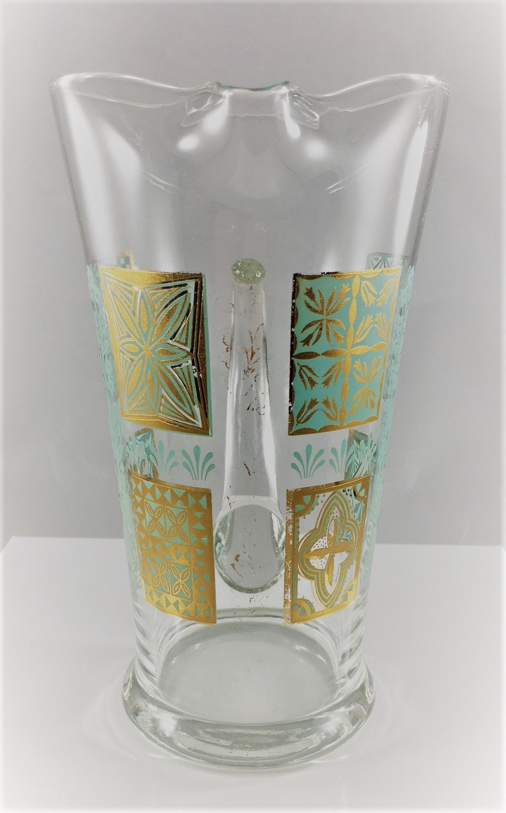 Mid Century Glass Cocktail Pitcher Atomic Pattern Gold and