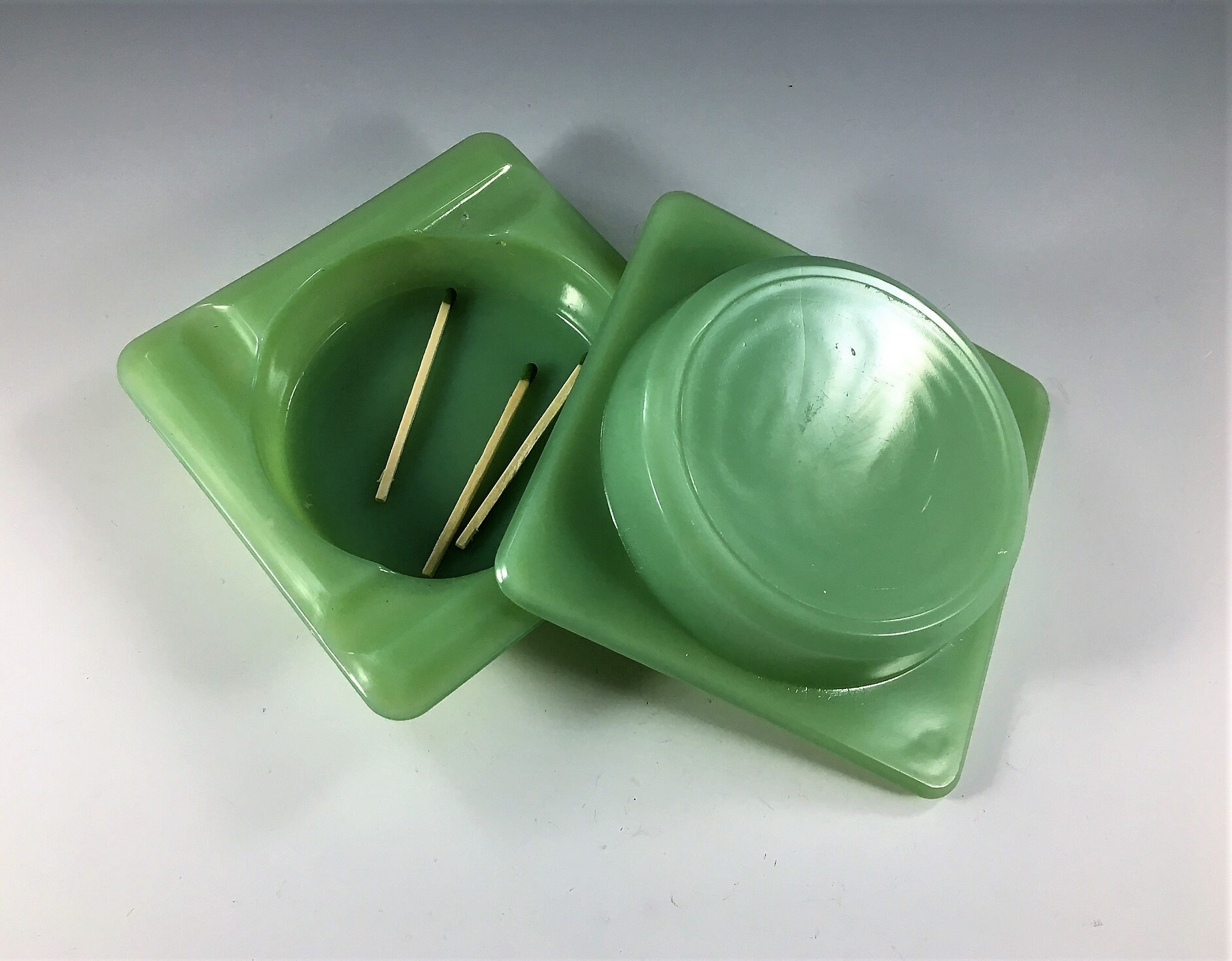 Set of 2 Jadeite Ashtrays Vintage Green Glass Ashtrays Square Ashtrays