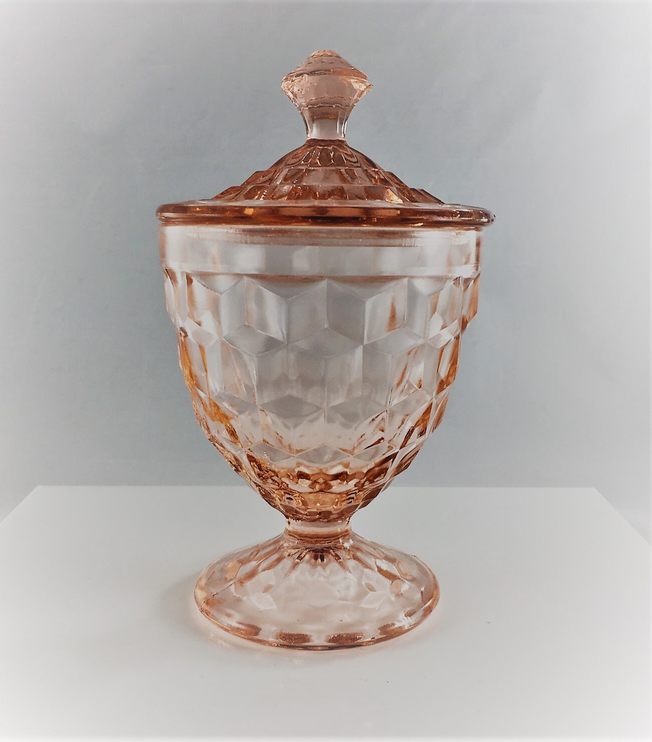 Pink Depression Glass Candy Jar and Lid Glass Cube Pink