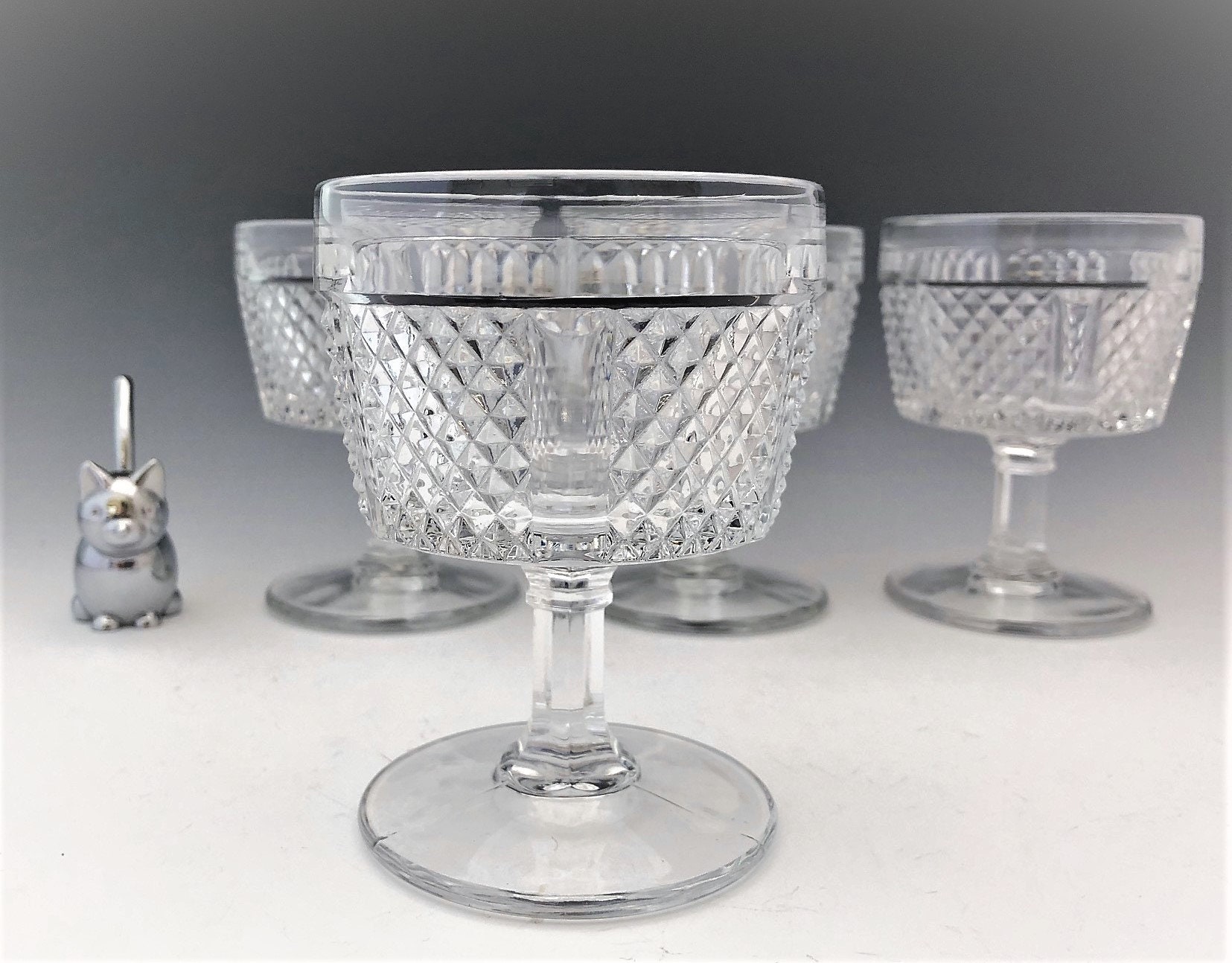 Fostoria Diamond Point Champagne Glasses Stem 2860 Set of 4 Tall