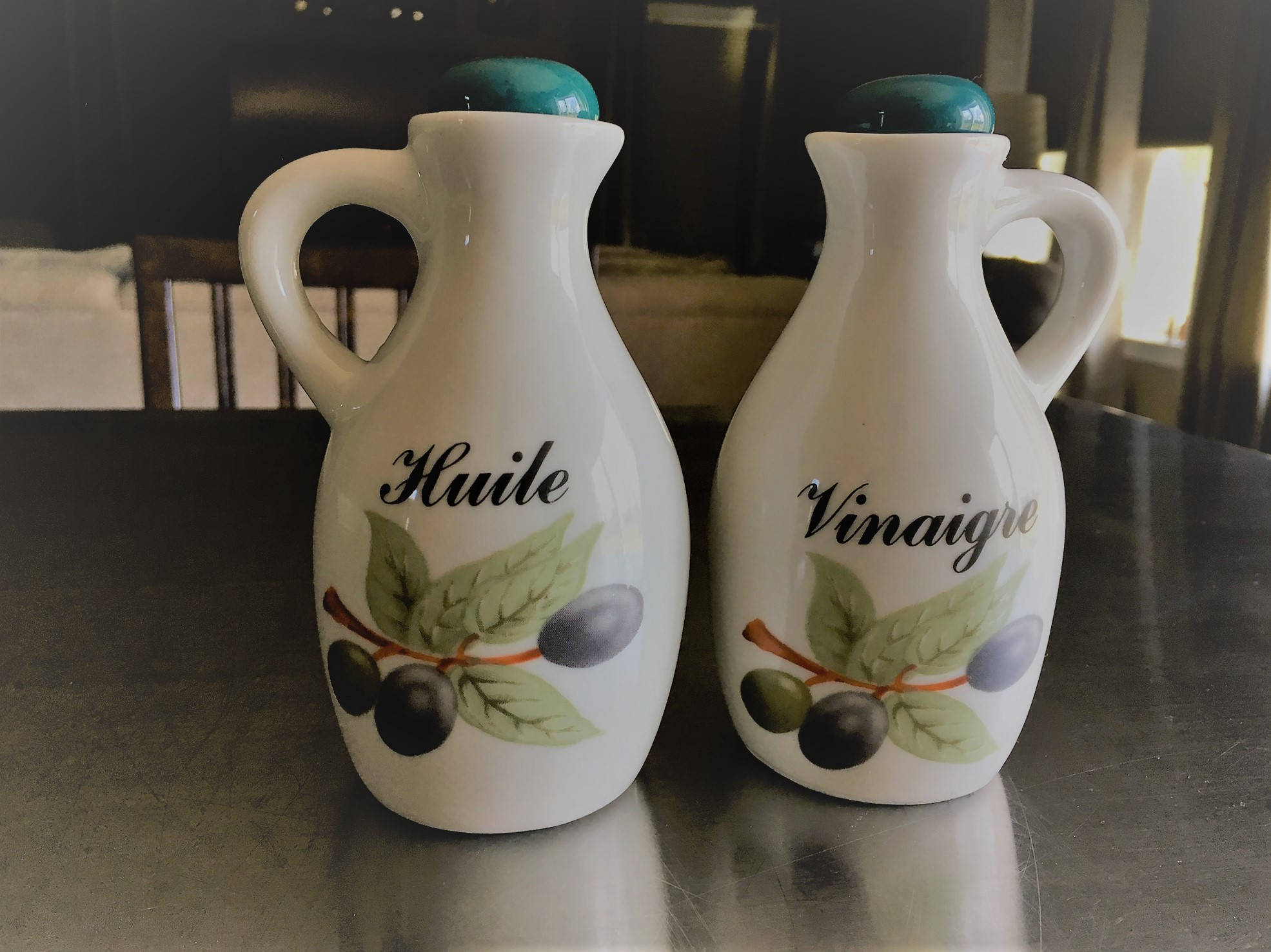 Elegant Set of Vintage Oil and Vinegar Bottles French Huile Vinaigre