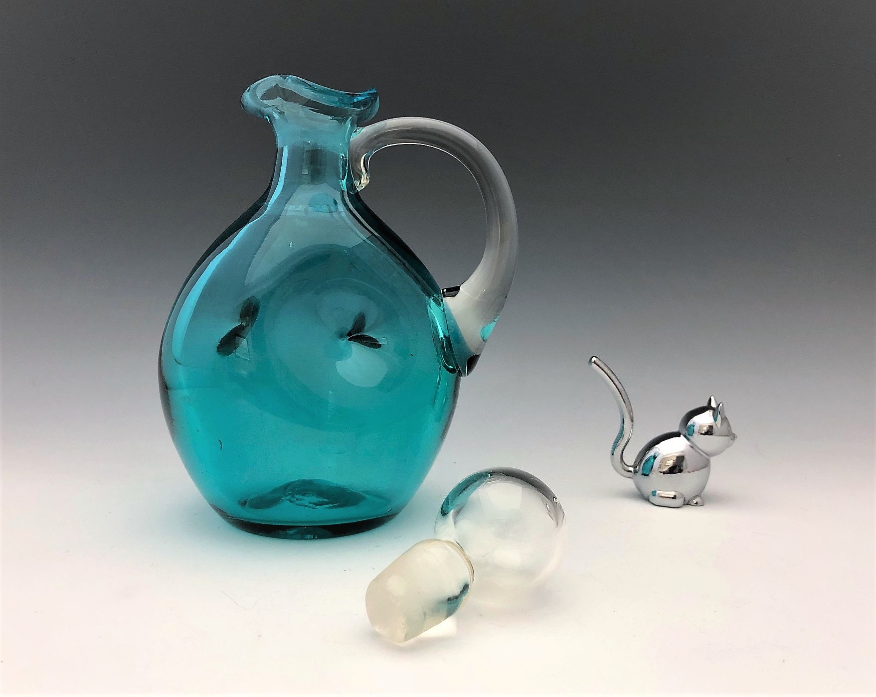 Hand Blown Blue Pinched Glass Decanter With Stopper and Applied Handle