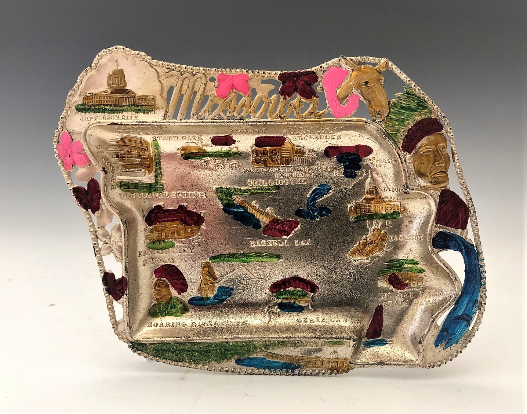 Collection of 6 State Tourist Ashtrays 1950's Metal Souvenir Ashtrays