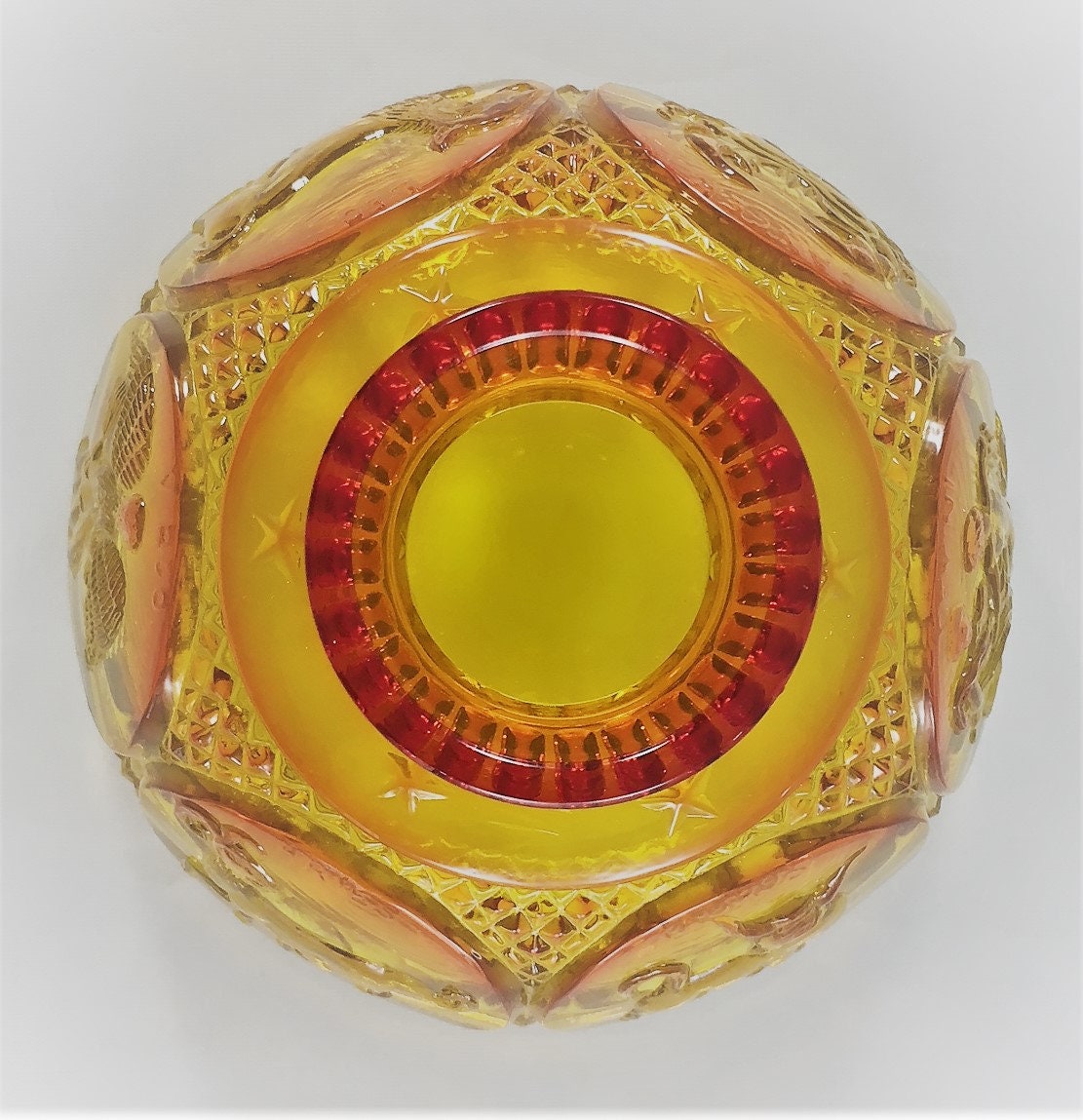 Rare Amberina Signs of the Zodiac Candy Dish Red and Orange Covered