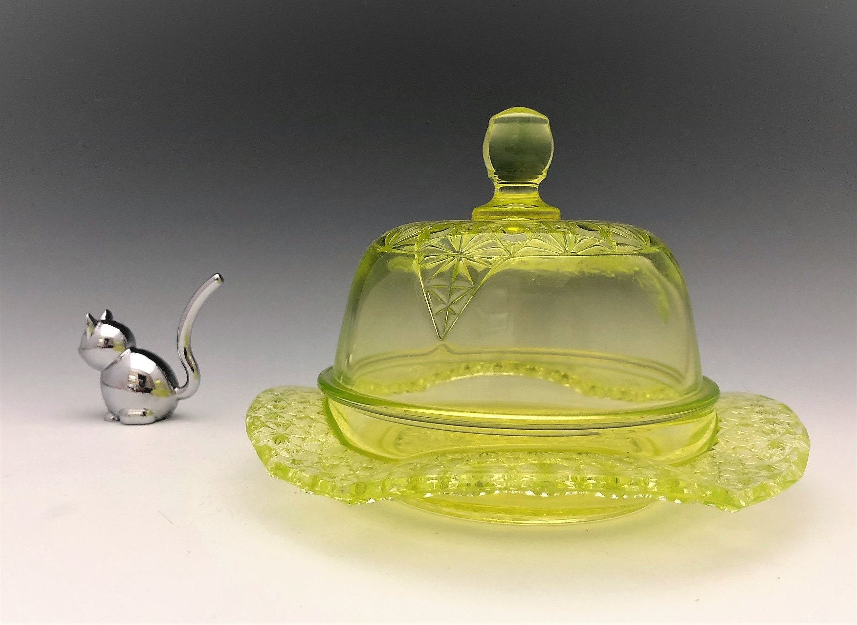 Vaseline Glass Covered Butter Dish - Mckee Queen Pattern - Mosser