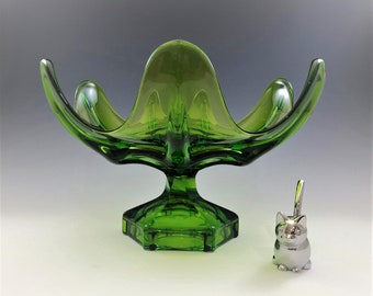 Viking Glass No. 7307 Column Ribbed Compote -  Green Glass Compote - Footed Bowl - c. 1973