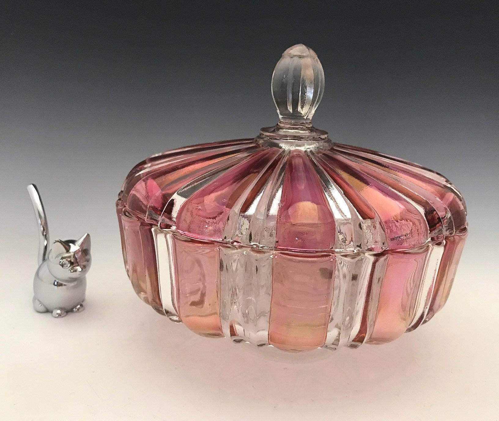 Anchor Hocking 1092 Covered Candy Dish With Rainbow Art Glass Hand