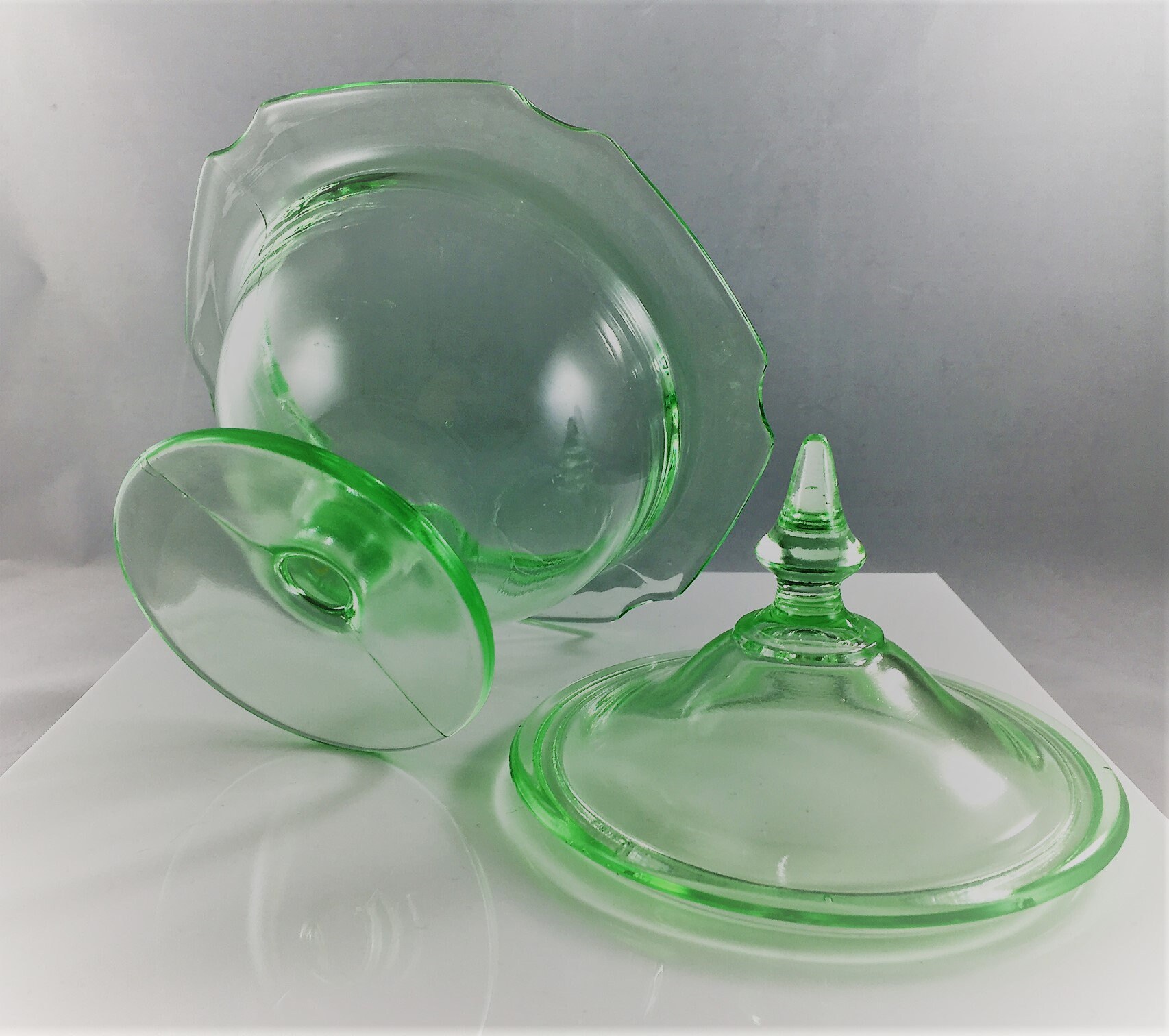 Vintage Green Depression Glass Covered Candy Dish Hexagonal Pattern