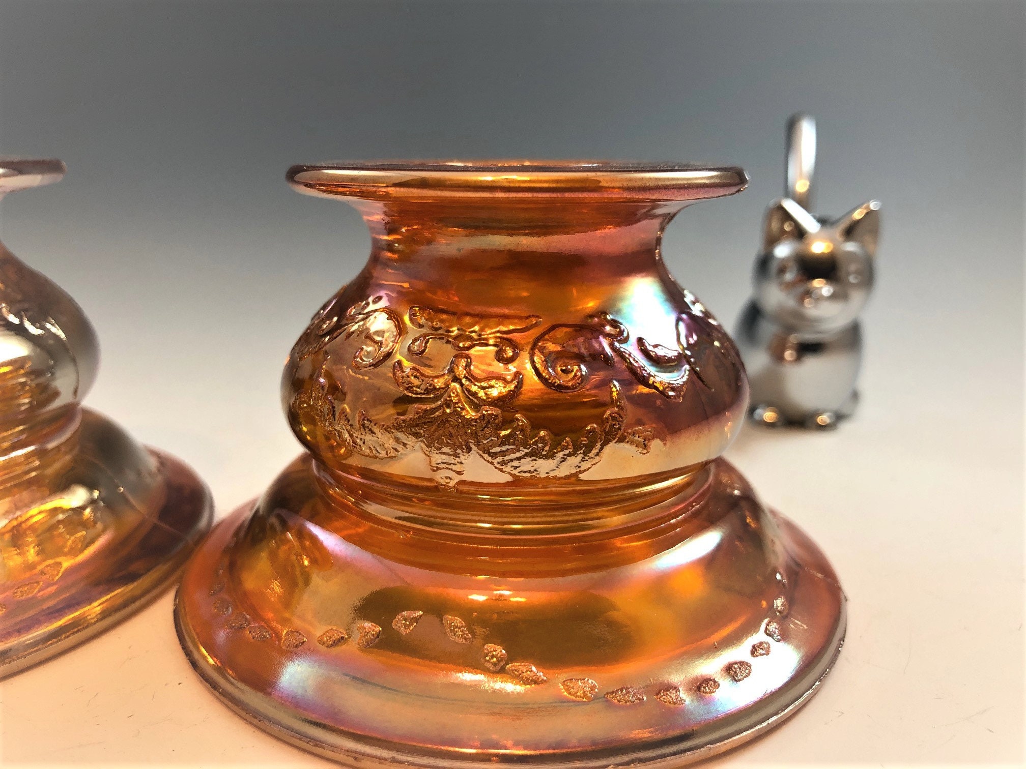 Set of 2 Federal Glass Madrid Pattern Candle Holders Iridescent