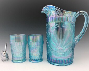 L.G. Wright God and Home Water Set - Ice Blue Carnival Glass - Westmoreland for Levay - Pitcher and 6 Tumblers