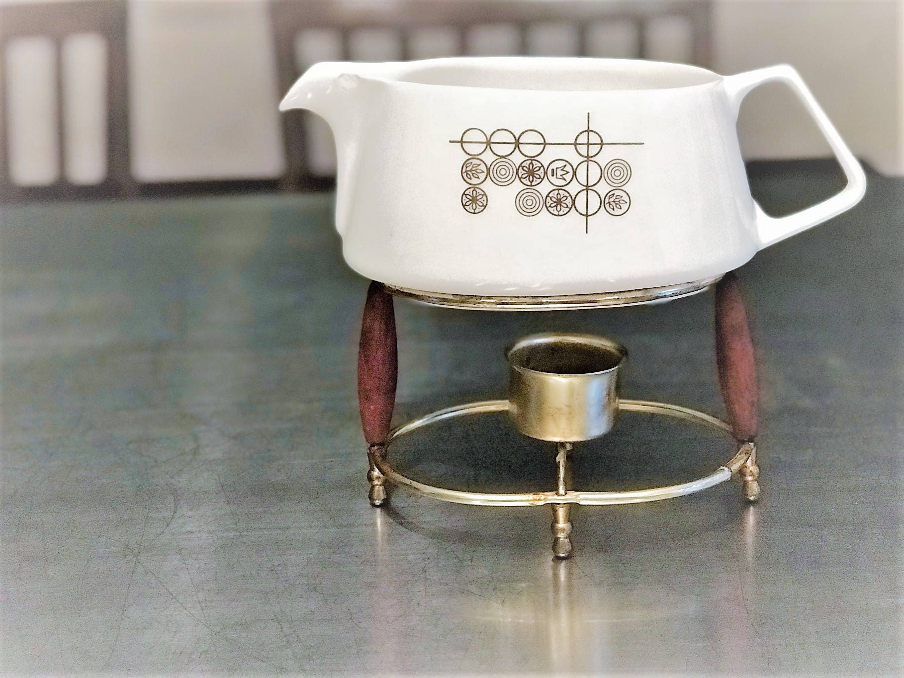 MCM Ceramic Gravy Boat and Warming Stand Wood and Brass Toned Finish