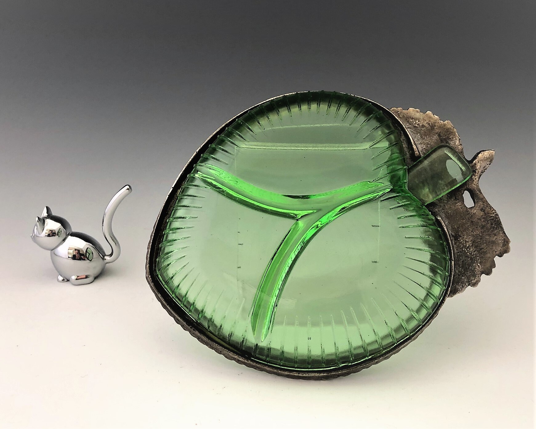 Exquisite Green Glass Divided Relish Dish With Pewter Grape Adornment