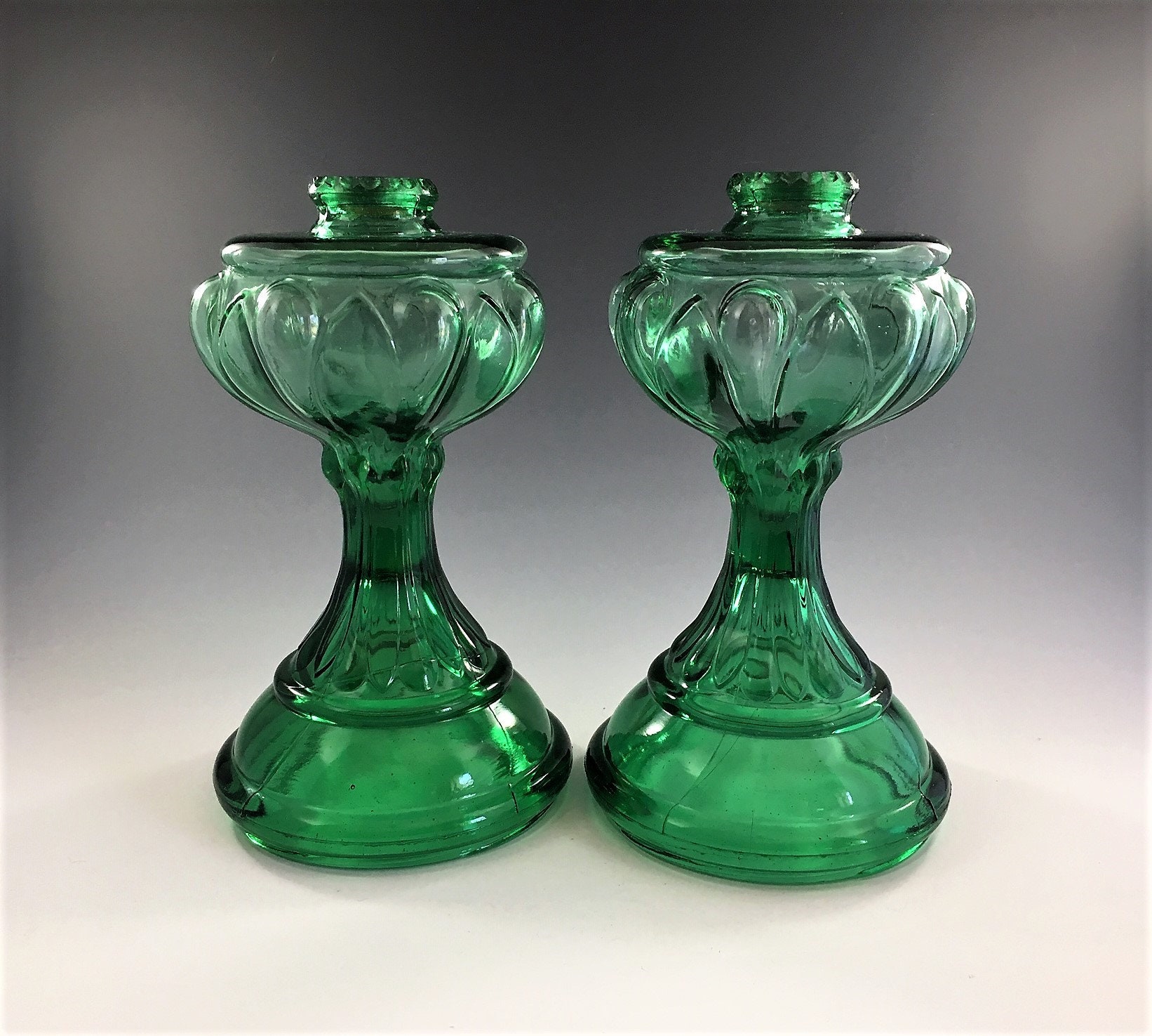 Set of Two Vintage Green Glass Oil Lamps