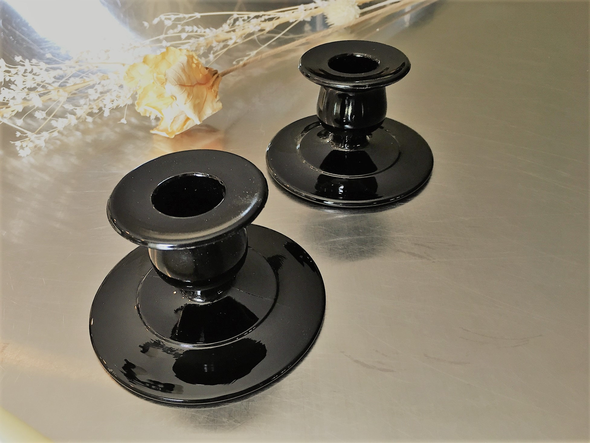 Two Black Amethyst Glass Candle Holders Vintage Black Glass