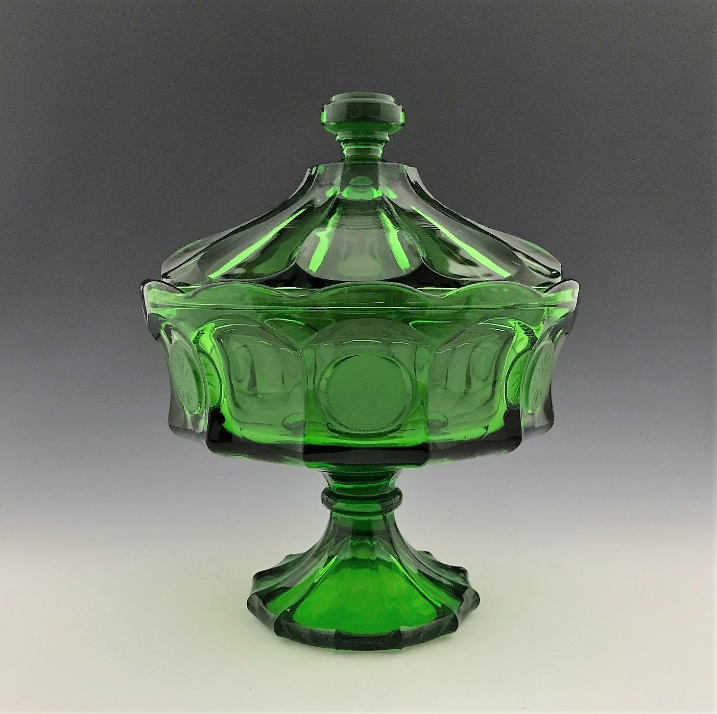 Stunning Fostoria Coin Glass Emerald Green Lidded Compote Hard to Find