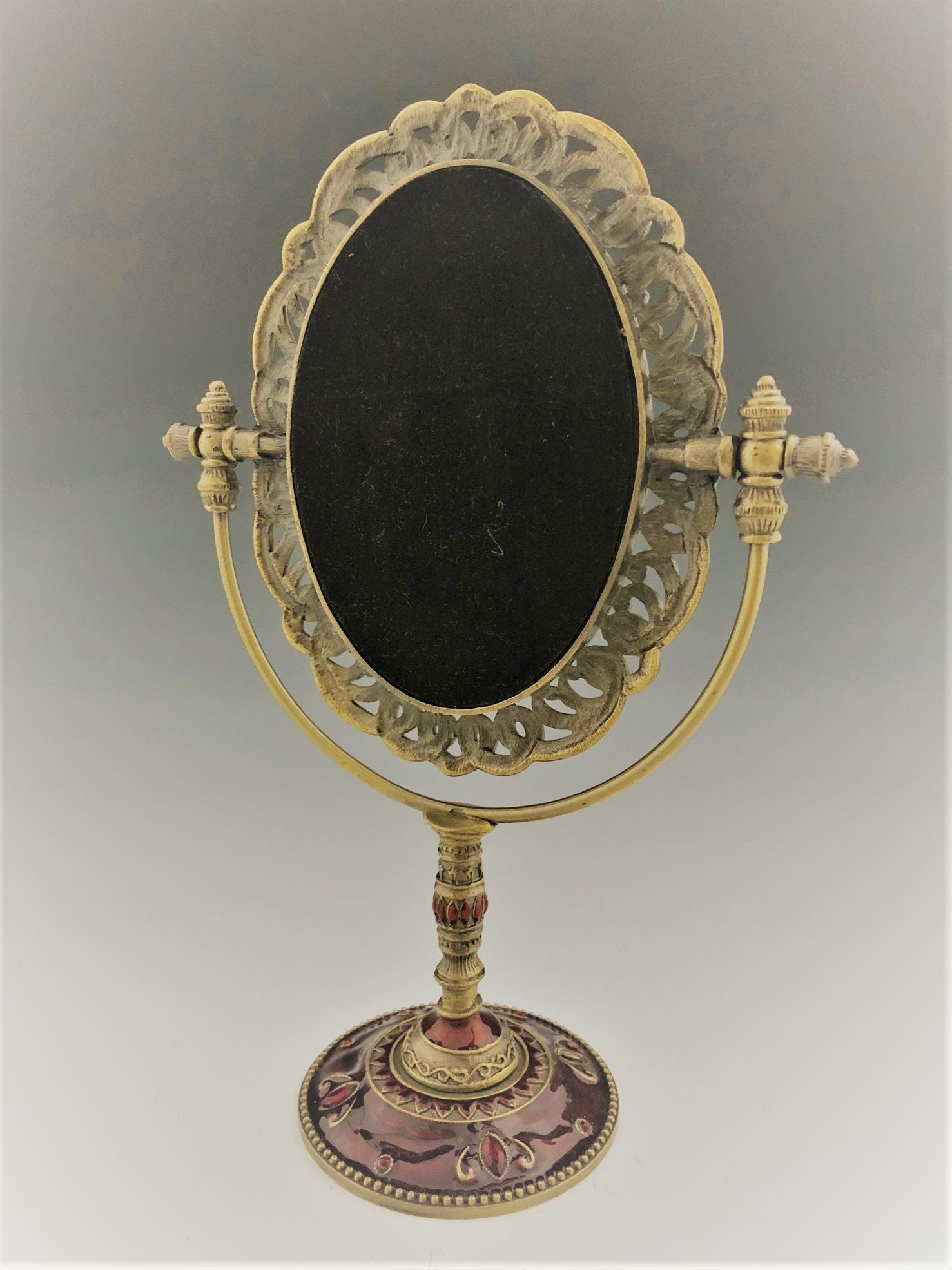 Bejeweled Princess Vanity Mirror Vintage Glass and Metal Mirror Cloisonne Style Adjustable