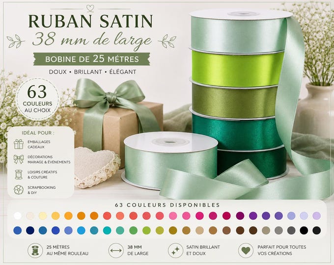 Satin Ribbon 38 mm x 25 m – 60 Colors to Choose From – Ideal for Christmas, Weddings, Decorations, Gift Wrapping