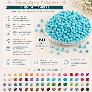 Peut inclure: Un ensemble de perles acryliques mates de 4 mm de diamètre dans une couleur bleu turquoise vif, présentées dans un bol transparent. L'image contient du texte informatif détaillant 60 teintes disponibles, un trou de 1 mm et des lots de 500 ou 1000.