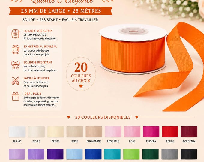 Grosgrain ribbon 25 mm, 25 m long, in a roll