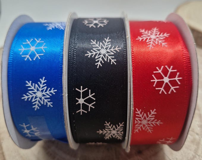 Christmas satin ribbon with snowflakes, 25 mm x 20 m – Gift ribbon, Christmas decoration, snowflake print ribbon