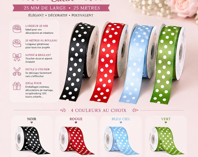 Large polka dot satin ribbon – 25 mm x 25 m – decorative ribbon for gifts, sewing, parties, DIY, weddings, birthdays