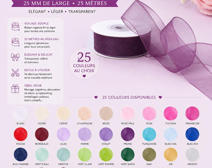 Ribbon organza / chiffon ribbon width 25 mm, roll of 25 m