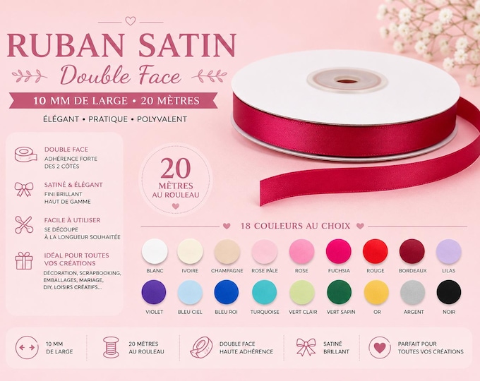 Satin ribbon 10 mm wide "DOUBLE FACE" very good quality spool of 20 meters
