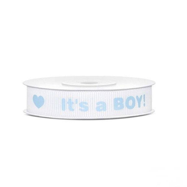 10 mètres de ruban gros grain blanc motif "it's a boy "12 mm de large