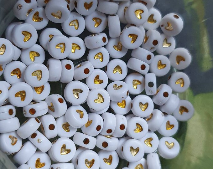 100 white acrylic beads white small gold heart, 6 mm in diameter hole size 1.4 mm