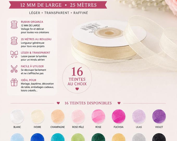 Ribbon organza / chiffon ribbon width 12 mm, roll of 25 m