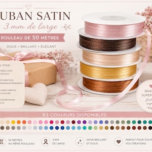 Cinta de satén de 3 mm x 50 m – Suave y fina, Navidad, decoración, fabricación de joyas y manualidades, bordado - cinta roja - cinta azul