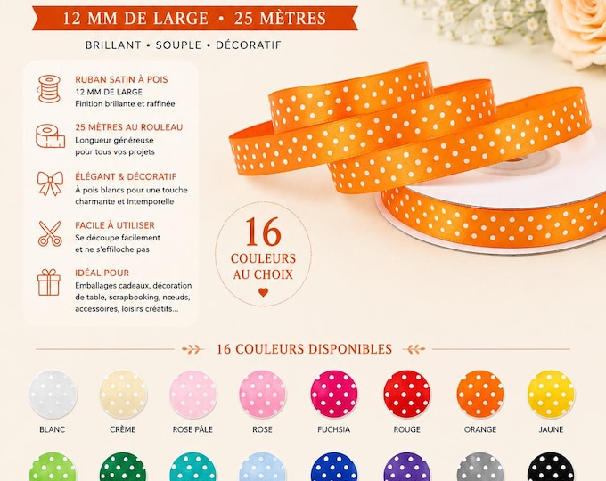 12 mm satin ribbon with dots 25 m long