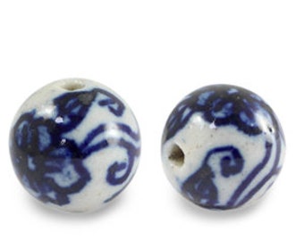 Perle di ceramica 13 mm Bianco-Blu Delft X 10 perle