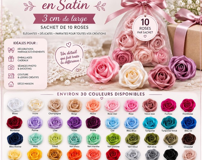 roses in satin 3 cm x 10 