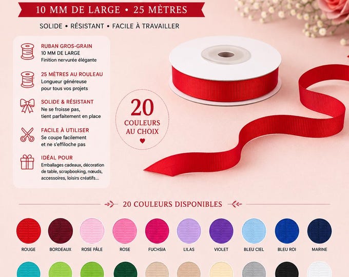 Grosgrain ribbon 10 mm, 25 m long, in a roll